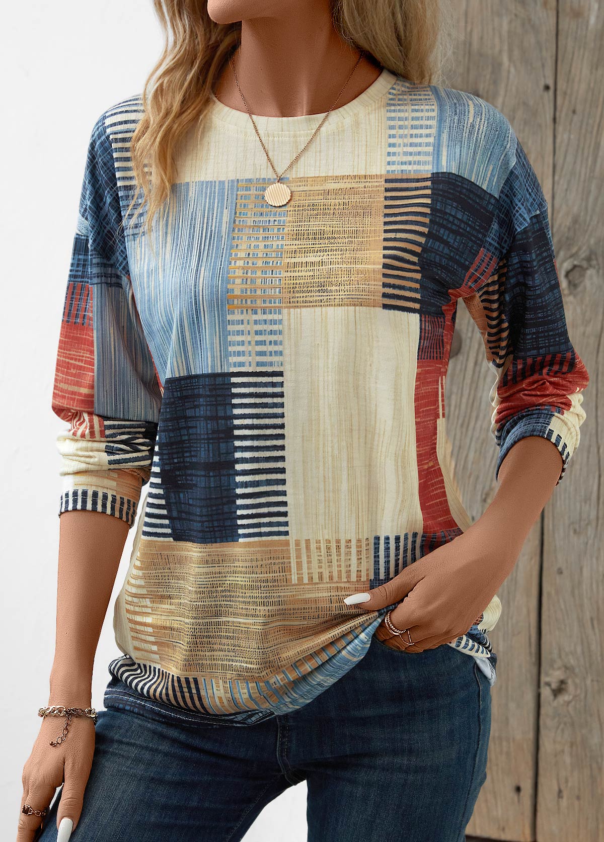 Modlily Beige Patchwork Geometric Print Long Sleeve T Shirt - M