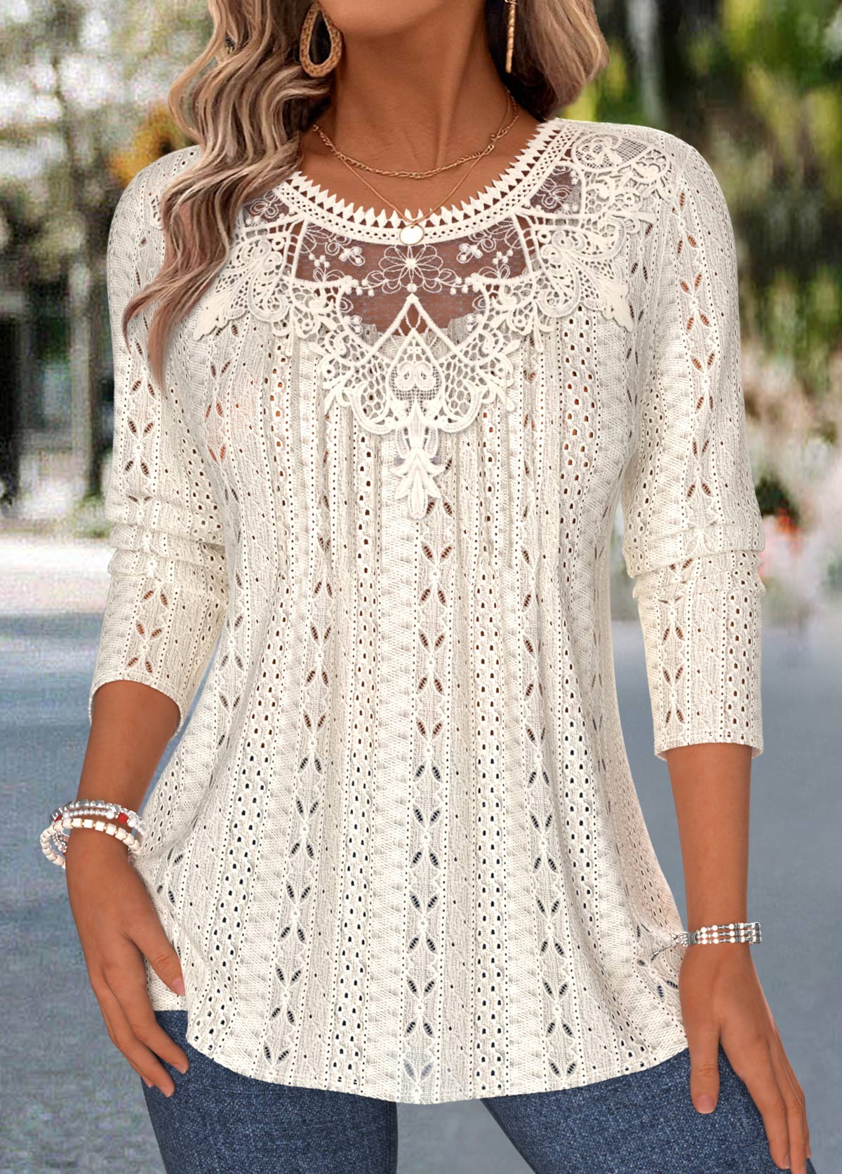 Modlily Beige Patchwork Long Sleeve Round Neck T Shirt - S