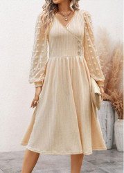 Modlily Beige Patchwork Long Sleeve V Neck Dress - XXL