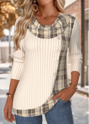 Modlily Beige Patchwork Plaid Long Sleeve Draped Neck T Shirt - M