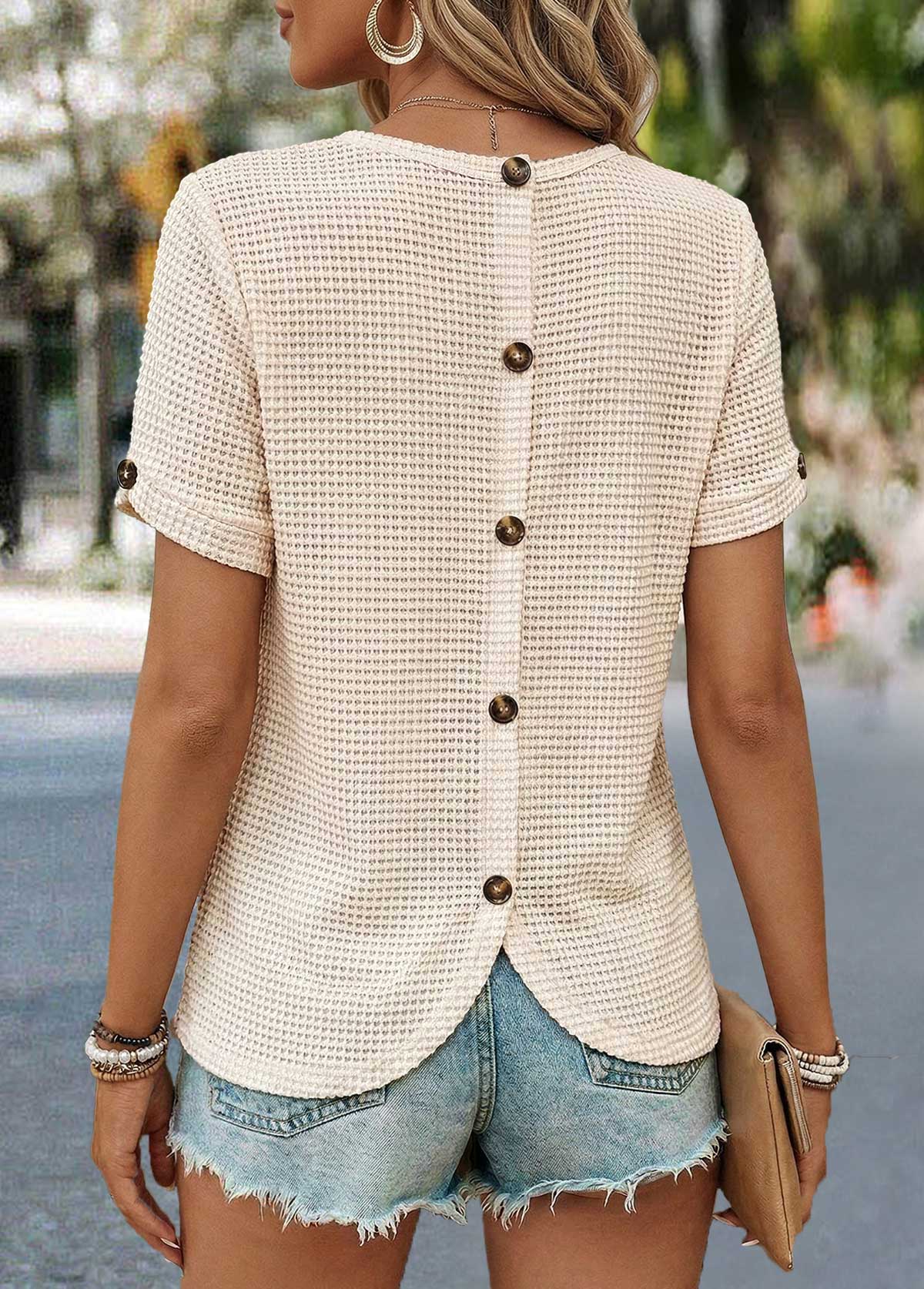 Modlily Beige Patchwork Short Sleeve Round Neck Button T Shirt - S