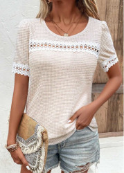 Modlily Beige Patchwork Short Sleeve Round Neck T Shirt - M