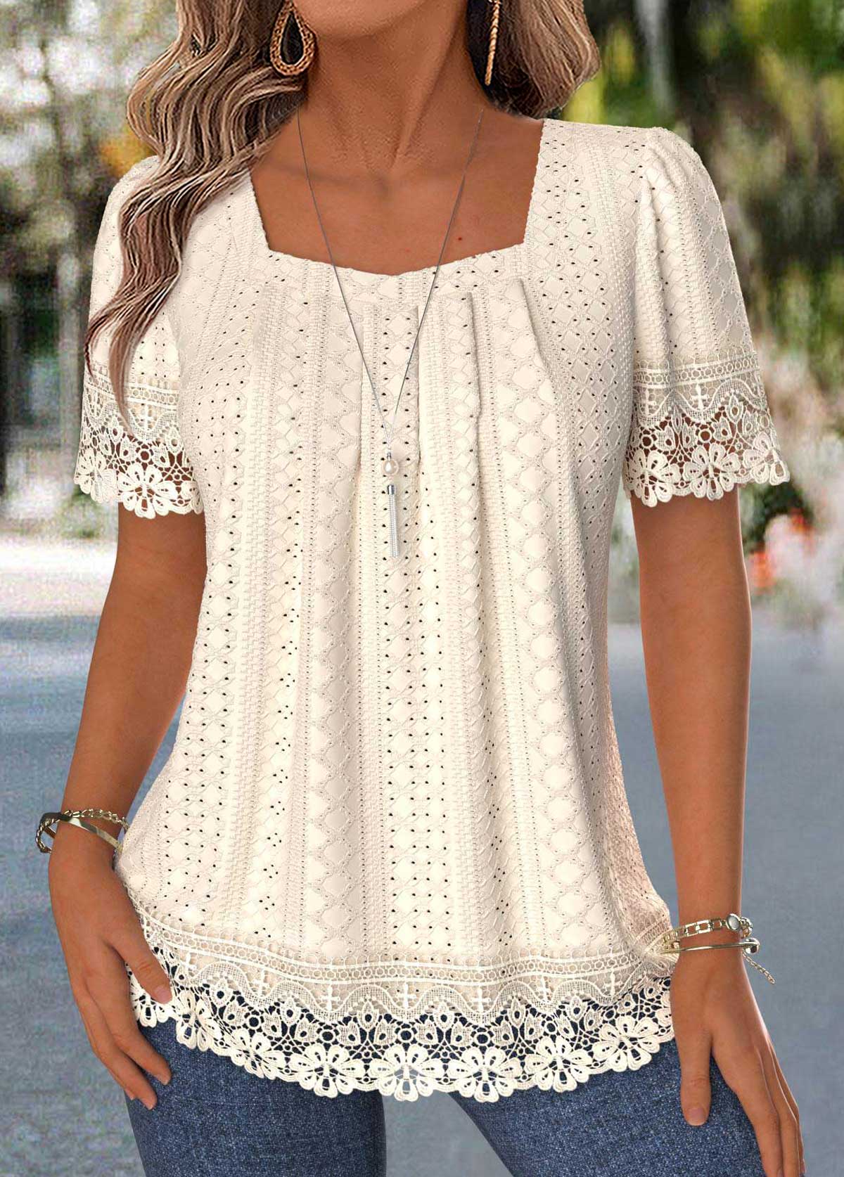 Modlily Beige Patchwork Short Sleeve Square Neck T Shirt - S