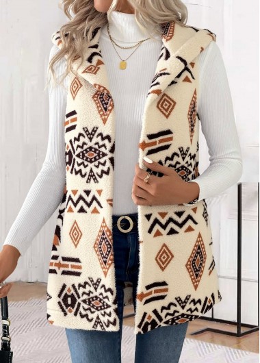 Modlily Beige Patchwork Tribal Print Sleeveless Waistcoat - M