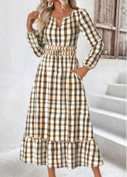 Modlily Beige Plaid Long Sleeve Split Neck Dress - S
