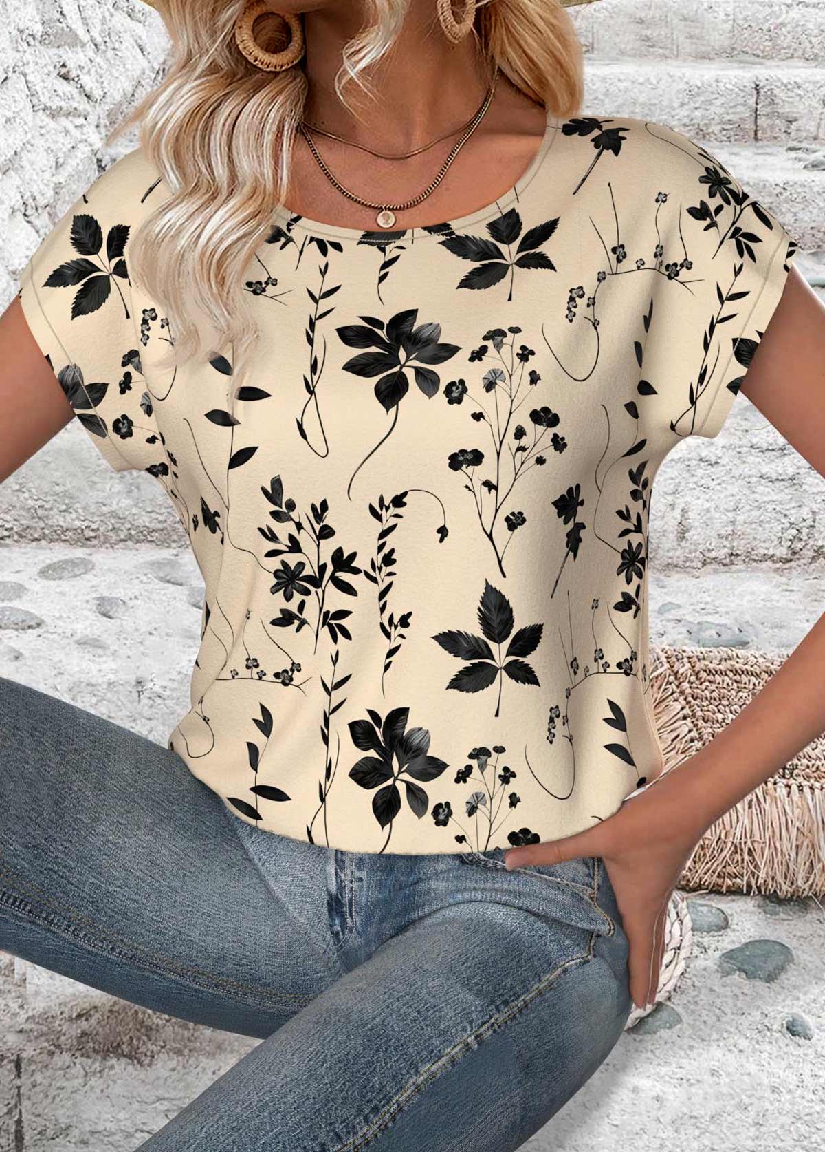 Modlily Beige Plants Print Short Sleeve Round Neck T Shirt - XXL