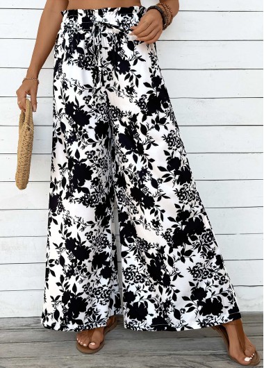 Modlily Beige Pocket Plants Print Wide Leg Elastic Waist Pants - S