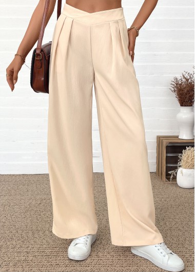 Modlily Beige Pocket Wide Leg Elastic Waist High Waisted Pants - XS