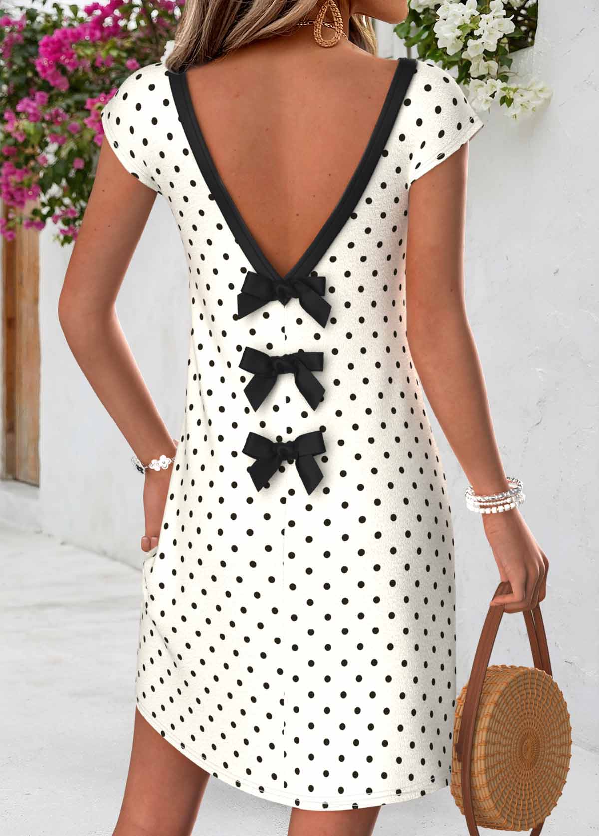 Modlily Beige Polka Dot Short Tummy Coverage V Neck Dress - S