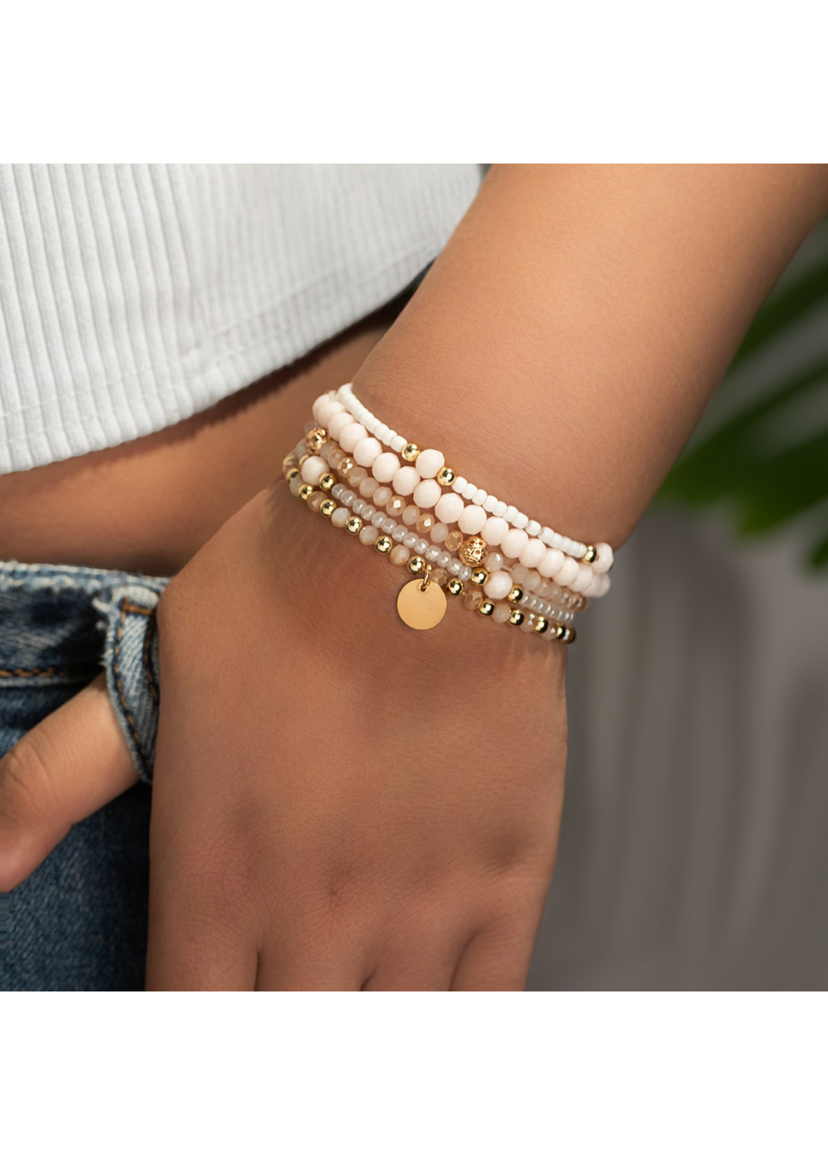 Modlily Beige Round Seed Beads Bracelets Set - One Size