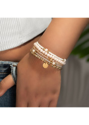 Modlily Beige Round Seed Beads Bracelets Set - One Size