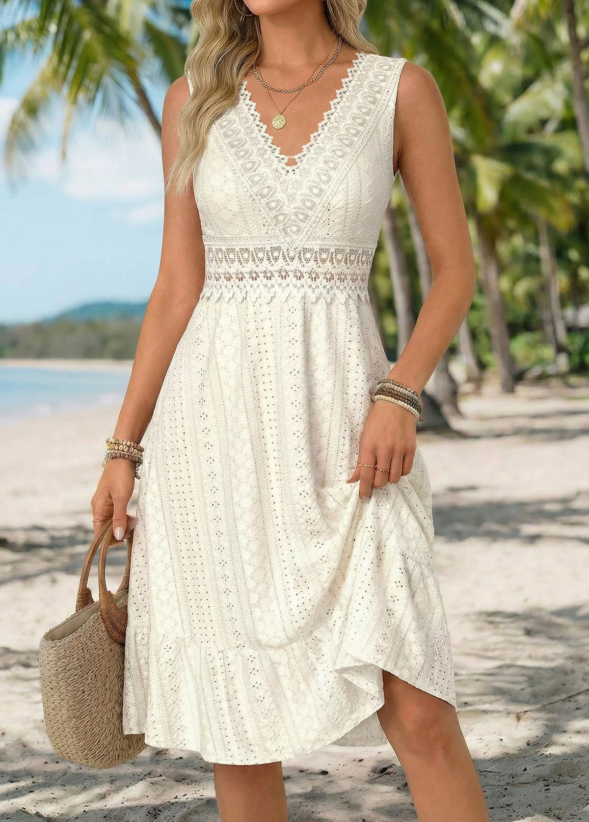 Modlily Beige Shirred Sleeveless V Neck Dress - S