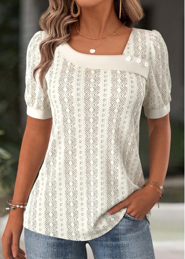 Modlily Beige Short Sleeve Asymmetrical Neck T Shirt - S