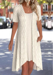 Modlily Beige Short Sleeve Round Neck Dress - S