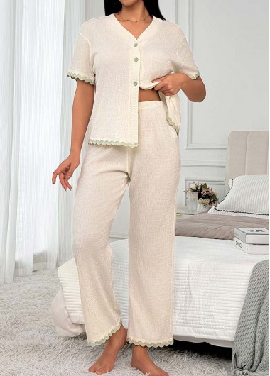 Modlily Beige Short Sleeve V Neck Lounge Top and Pants - M