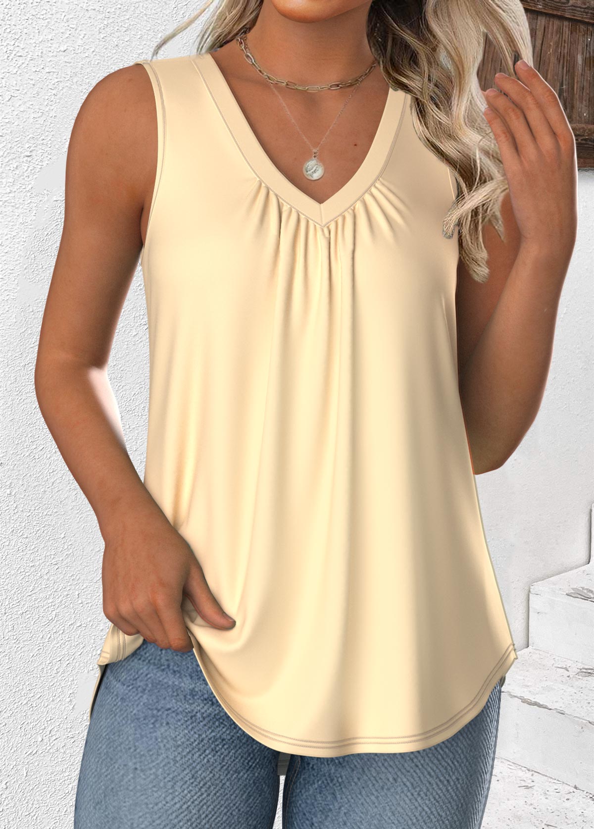 Modlily Beige Sleeveless V Neck Tank Top - S
