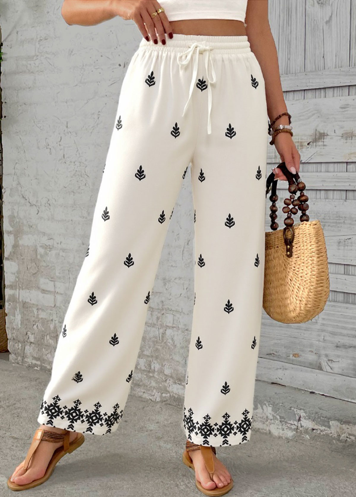Modlily Beige Soft Tribal Print Wide Leg Elastic Waist Pants - S
