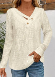 Modlily Beige Textured Fabric Long Sleeve V Neck T Shirt - XXL