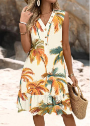 Modlily Beige Tropical Plants Print A Line Sleeveless Dress - S