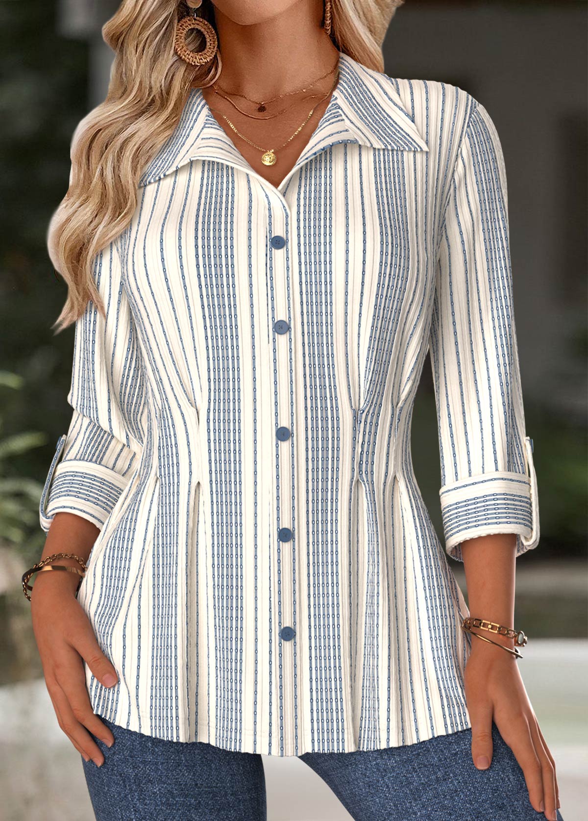 Modlily Beige Tummy Control Striped Long Sleeve Blouse - XXL
