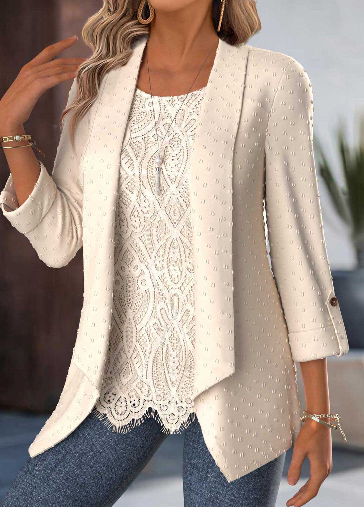 Modlily Beige Tummy Coverage 3/4 Sleeve Fake Two Piece Twinset - S