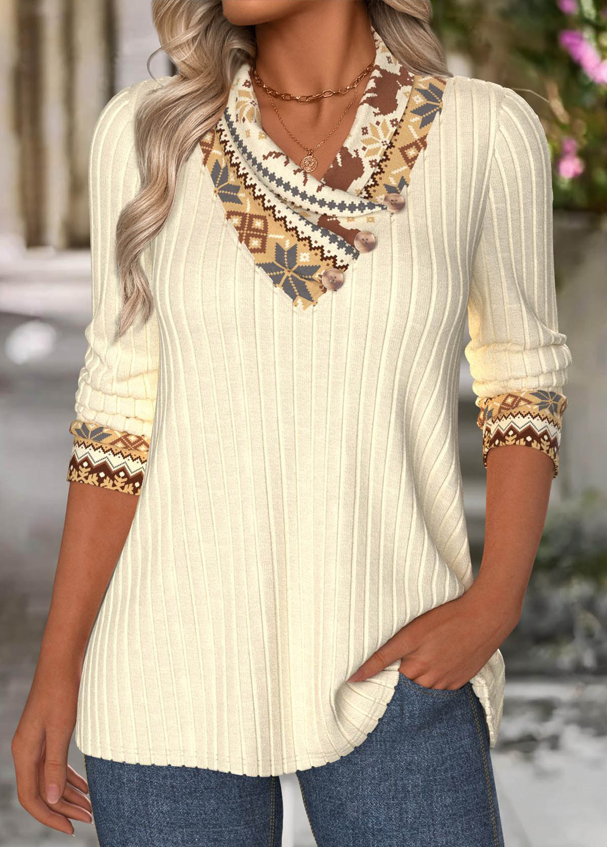 Modlily Beige Tummy Coverage Fair Isle Print Long Sleeve Sweatshirt - XXL