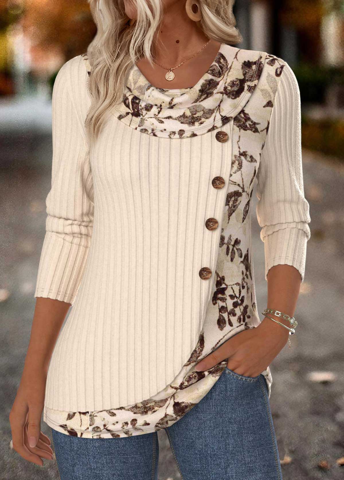 Modlily Beige Tummy Coverage Floral Print Long Sleeve T Shirt - S