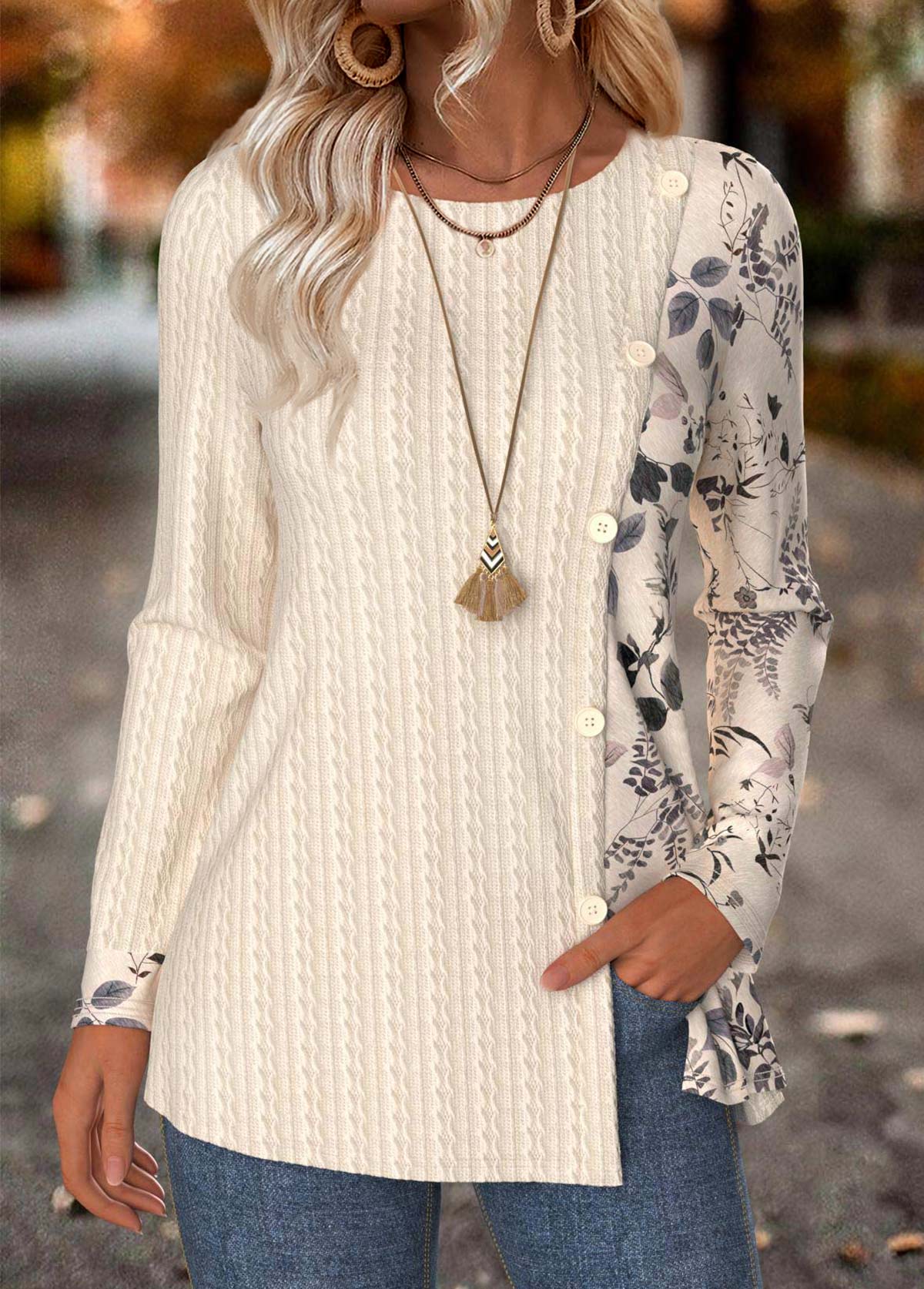 Modlily Beige Tummy Coverage Leaf Print Long Sleeve T Shirt - M