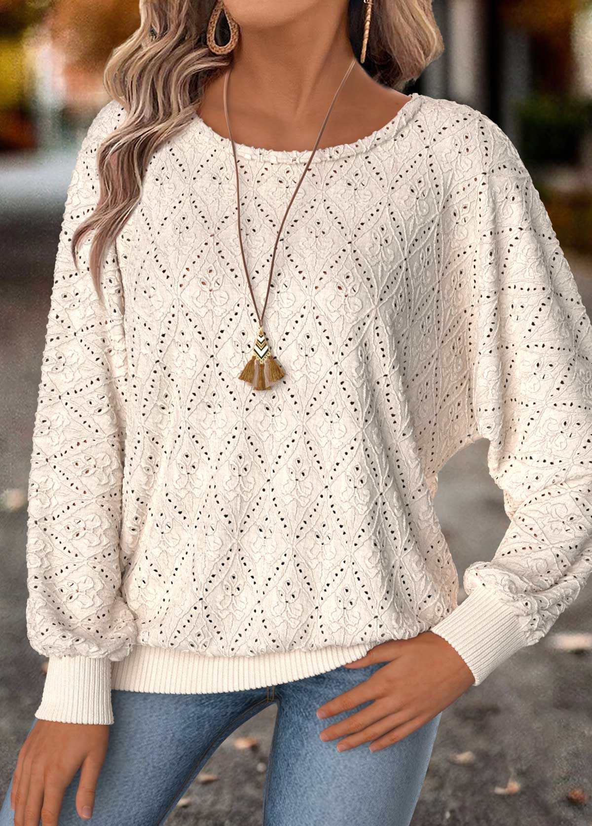 Modlily Beige Tummy Coverage Long Sleeve Round Neck T Shirt - L