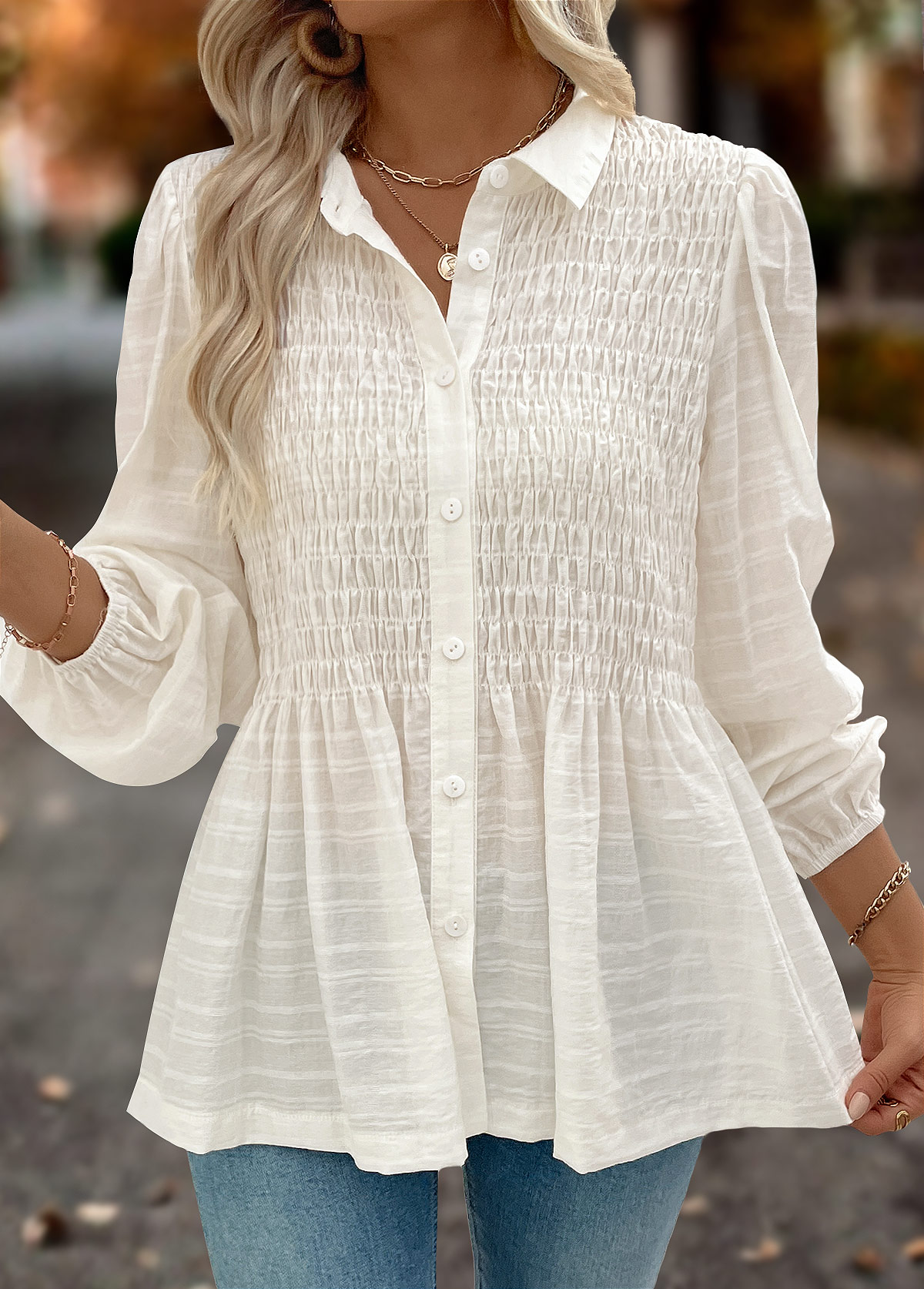 Modlily Beige Tummy Coverage Long Sleeve Shirt Collar Blouse - S