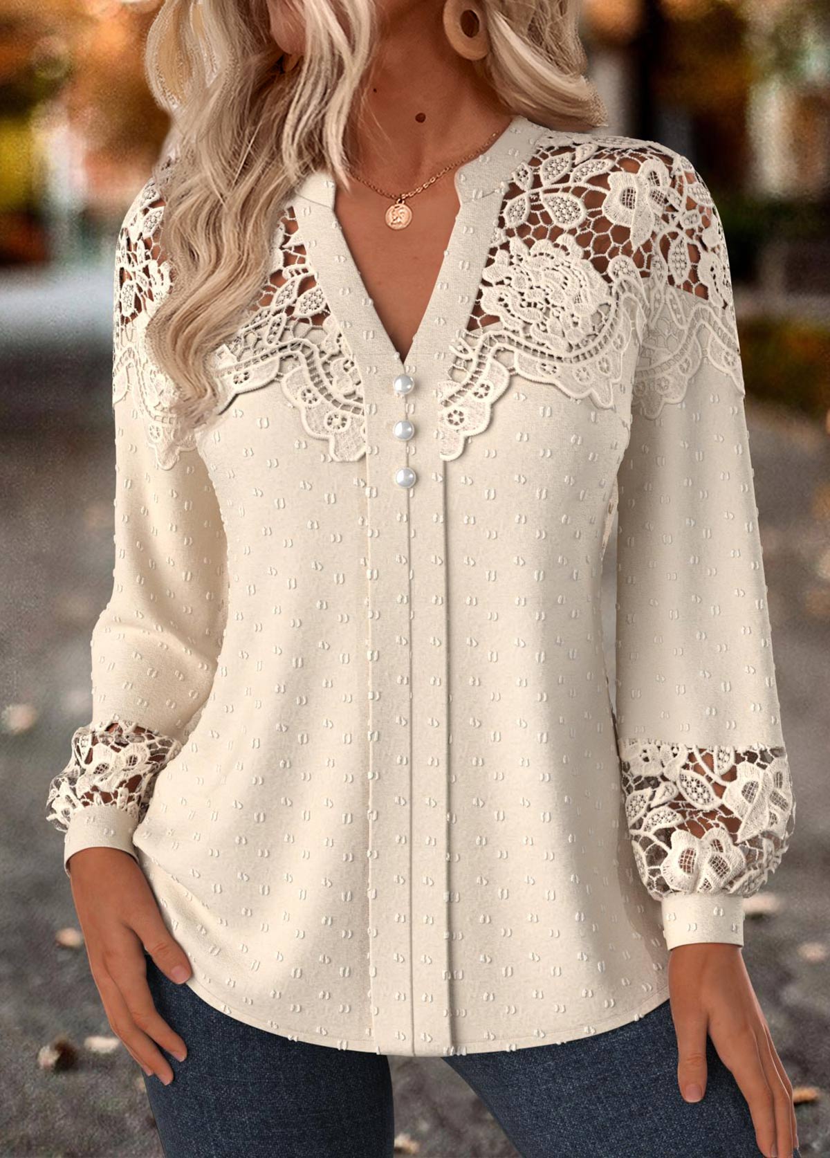 Modlily Beige Tummy Coverage Long Sleeve Split Neck Blouse - S
