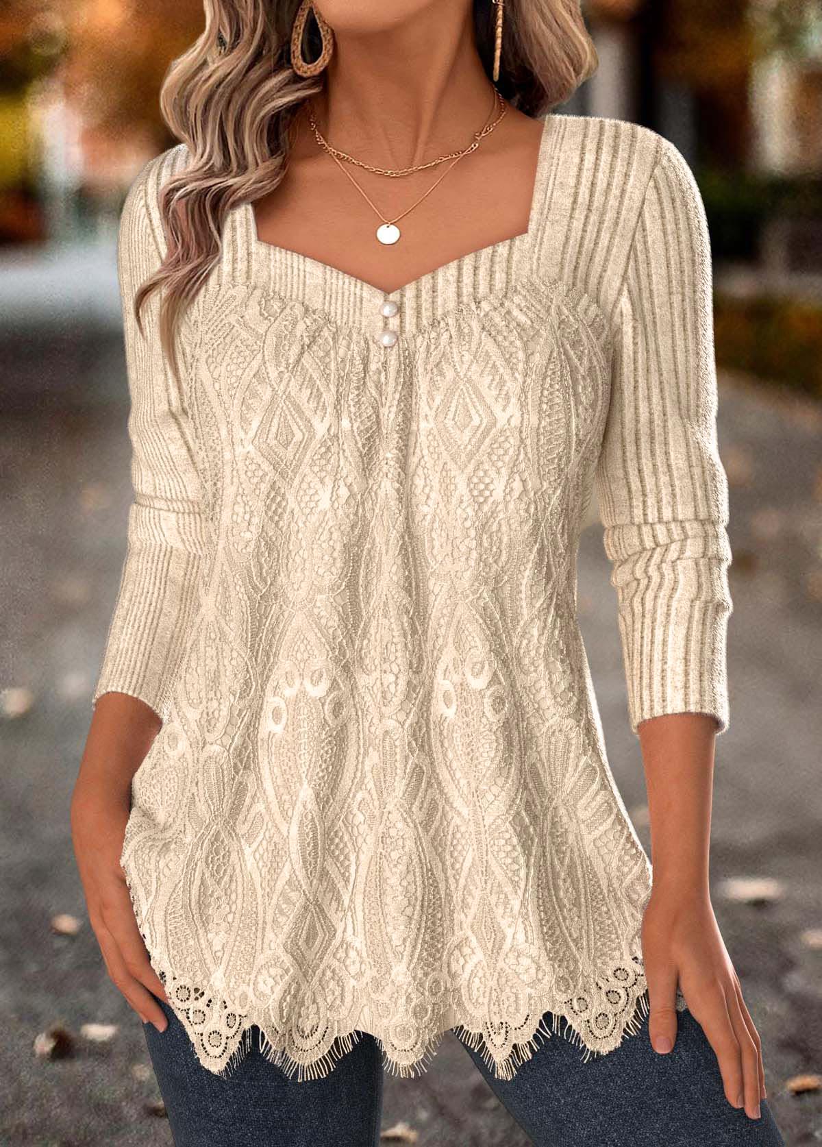Modlily Beige Tummy Coverage Long Sleeve Square Neck T Shirt - S