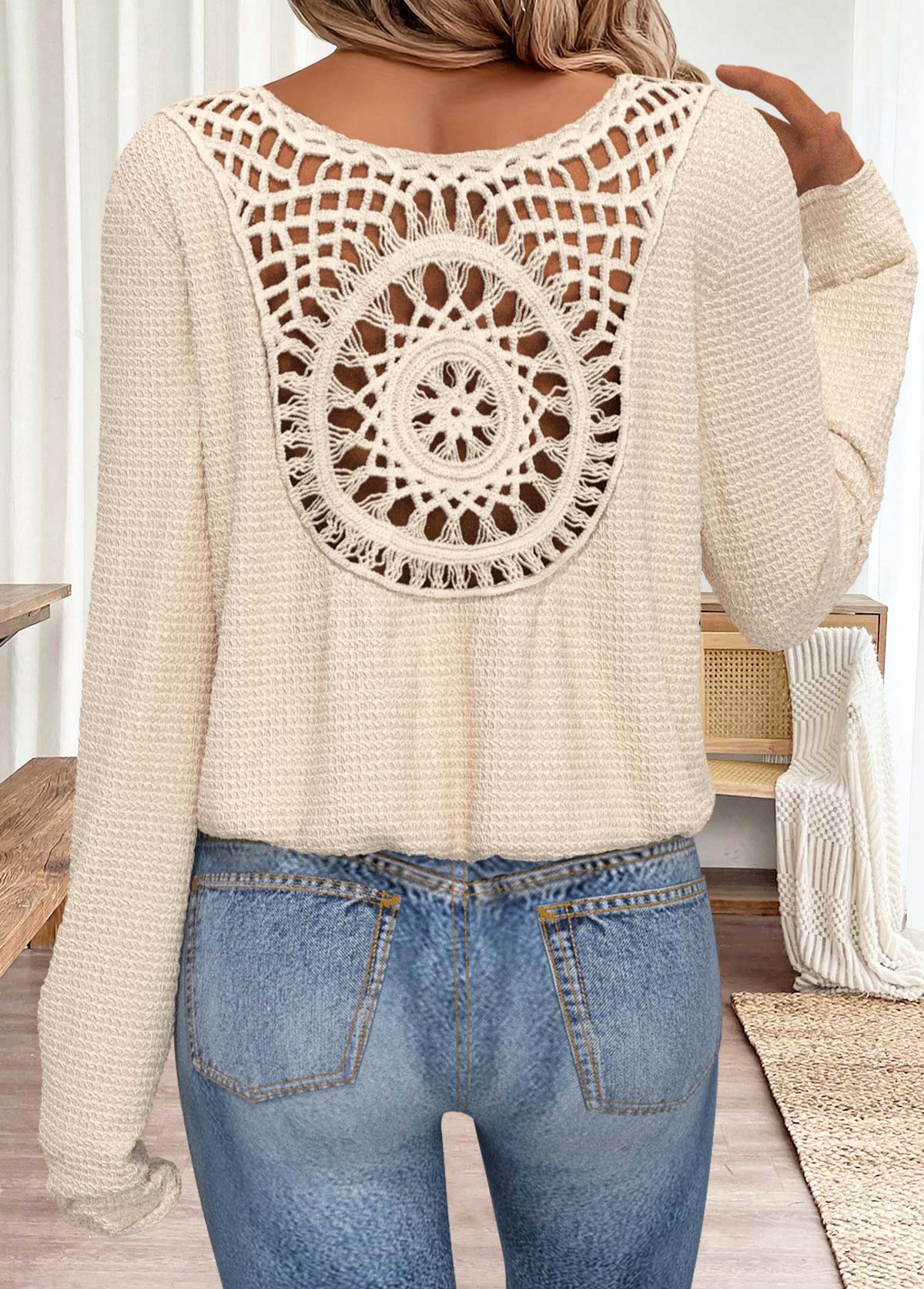 Modlily Beige Tummy Coverage Long Sleeve V Neck T Shirt - M