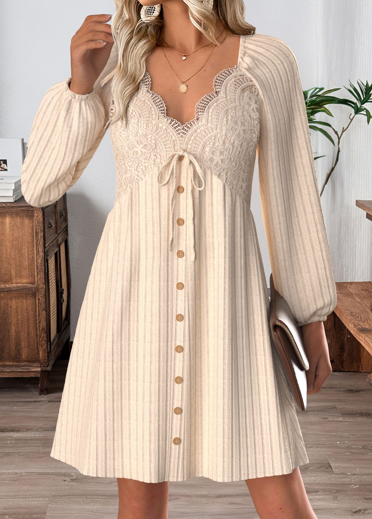 Modlily Beige Tummy Coverage Short Long Sleeve V Neck Dress - XXL