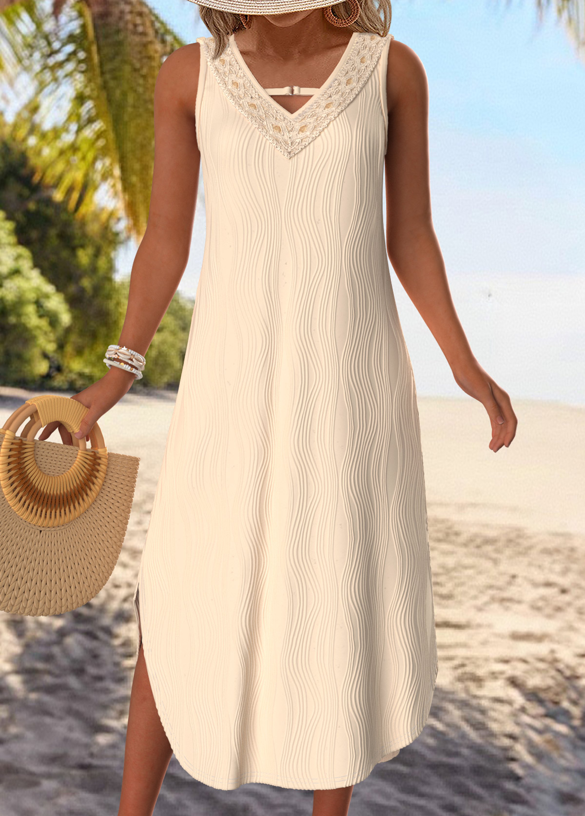 Modlily Beige Tummy Coverage Sleeveless V Neck Dress - L