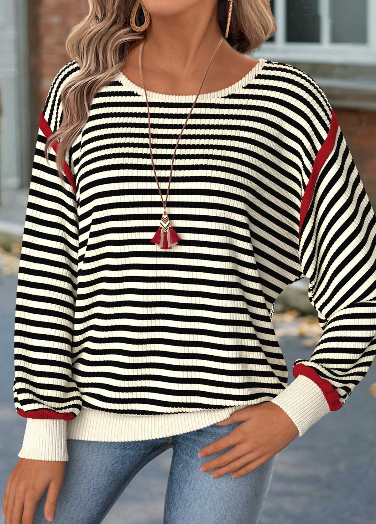 Modlily Beige Tummy Coverage Striped Long Sleeve T Shirt - XXL