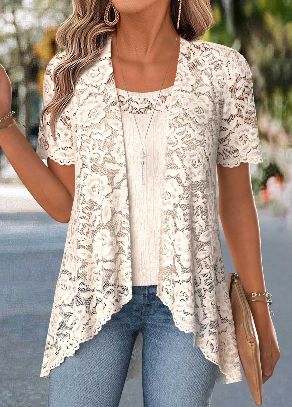 Modlily Beige Two-piece Short Sleeve Cardigan and Tank Top - S