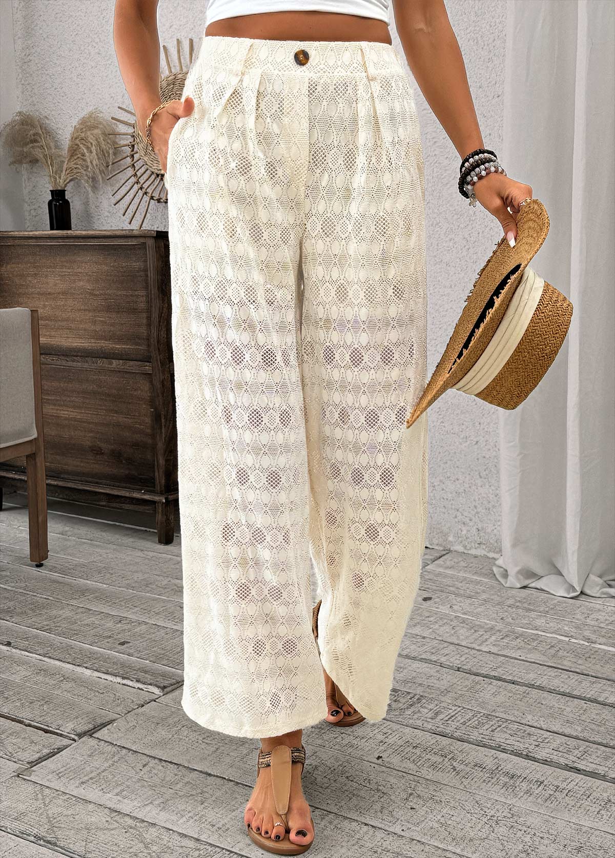 Modlily Beige Wide Leg Elastic Waist High Waisted Pants - S