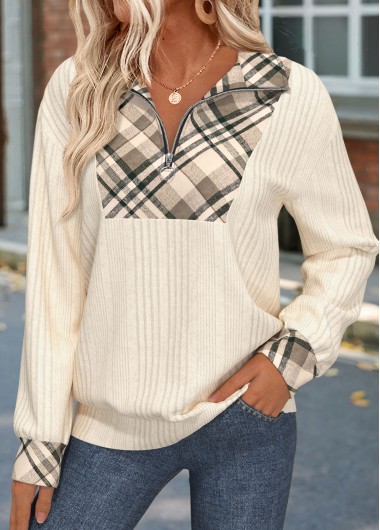 Modlily Beige Zipper Plaid Long Sleeve Sweatshirt - M
