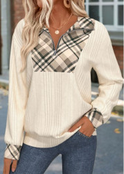 Modlily Beige Zipper Plaid Long Sleeve Sweatshirt - M