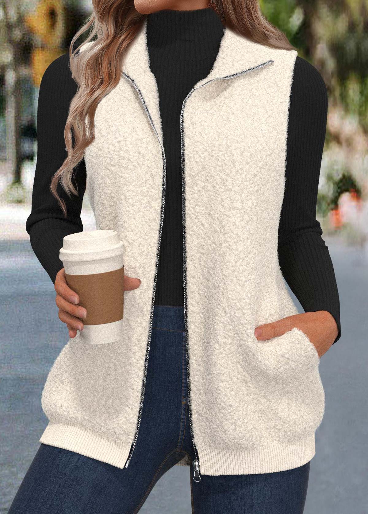 Modlily Beige Zipper Sleeveless Stand Collar Waistcoat - XL
