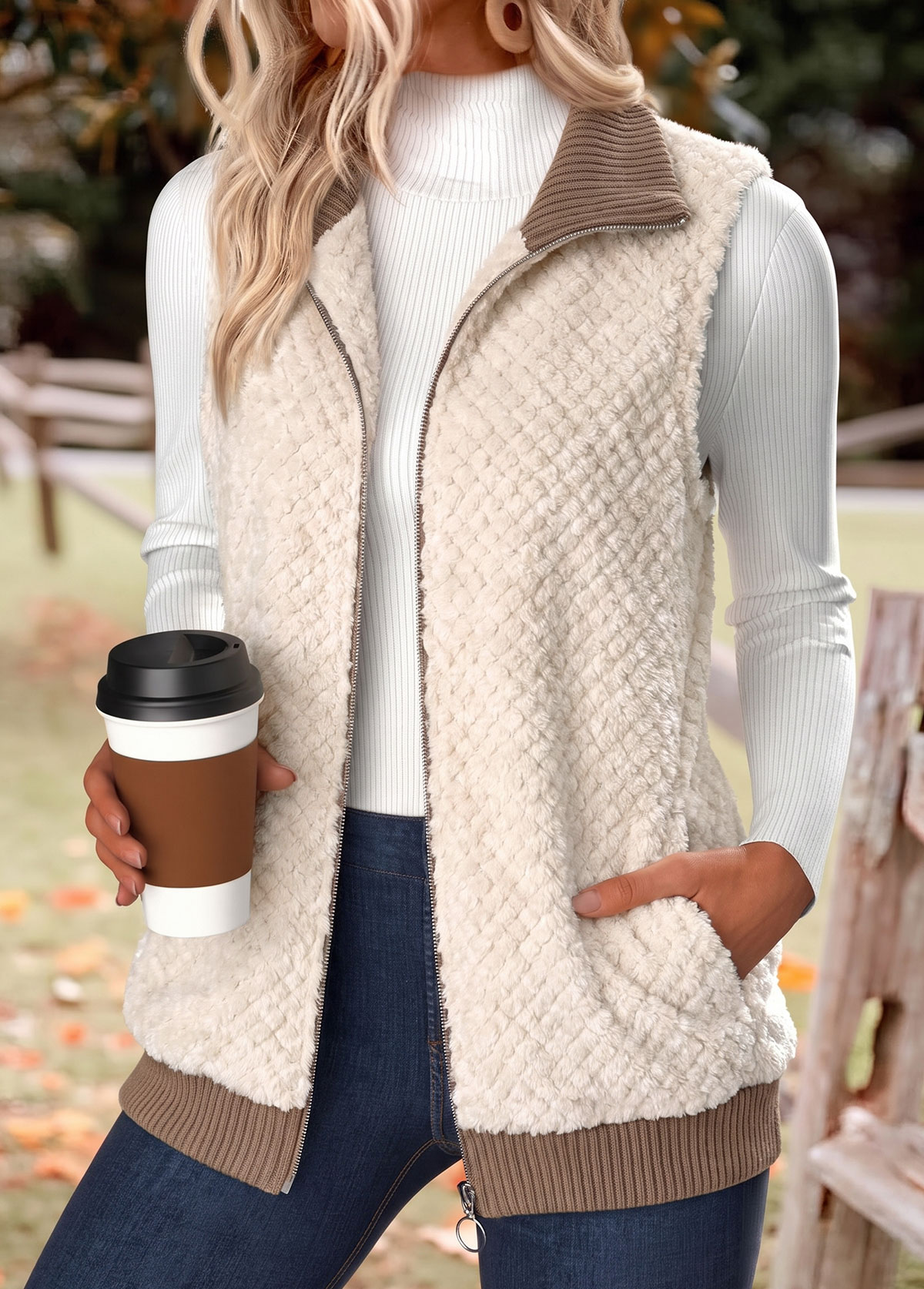Modlily Beige Zipper Sleeveless Stand Collar Waistcoat - XXL
