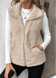 Modlily Beige Zipper Sleeveless Turn Down Collar Waistcoat - M