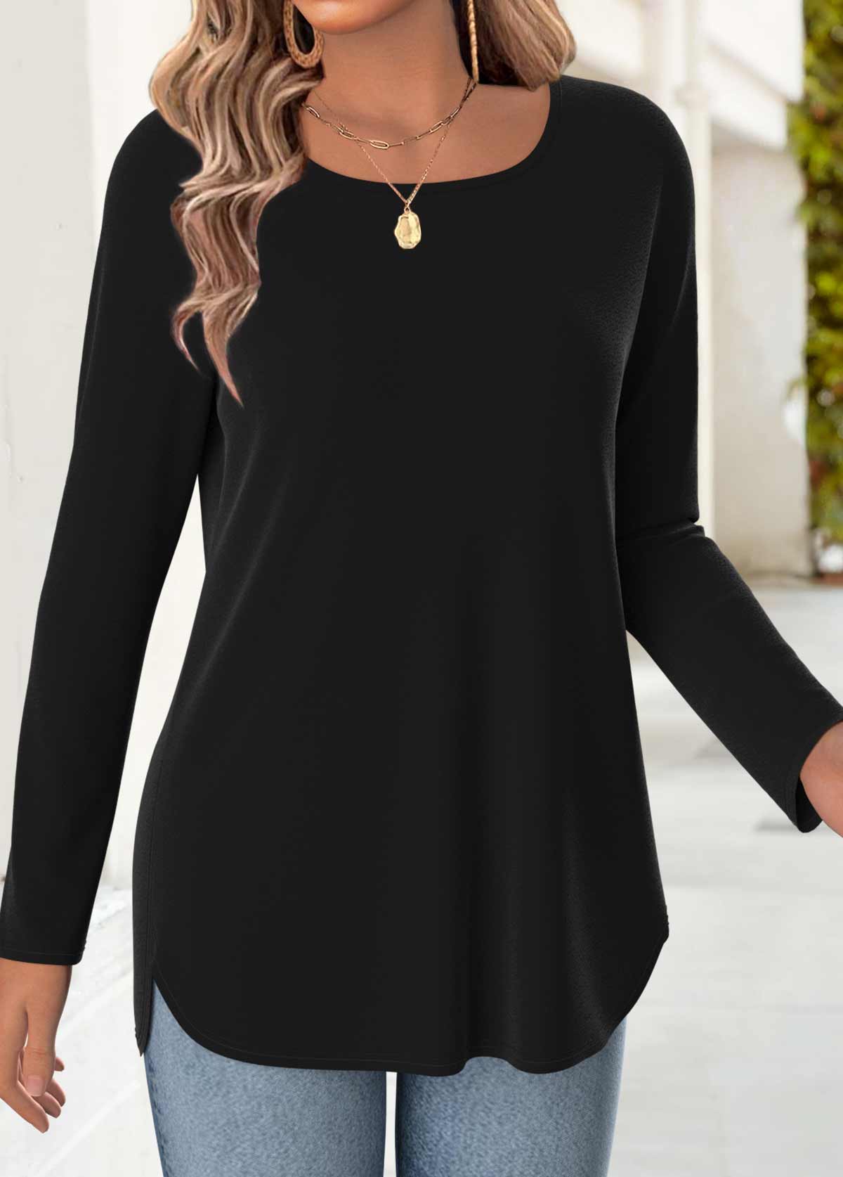 Modlily Black 3/4 Sleeve Square Neck T Shirt - M