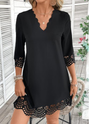 Modlily Black A Line 3/4 Sleeve V Neck Dress - S