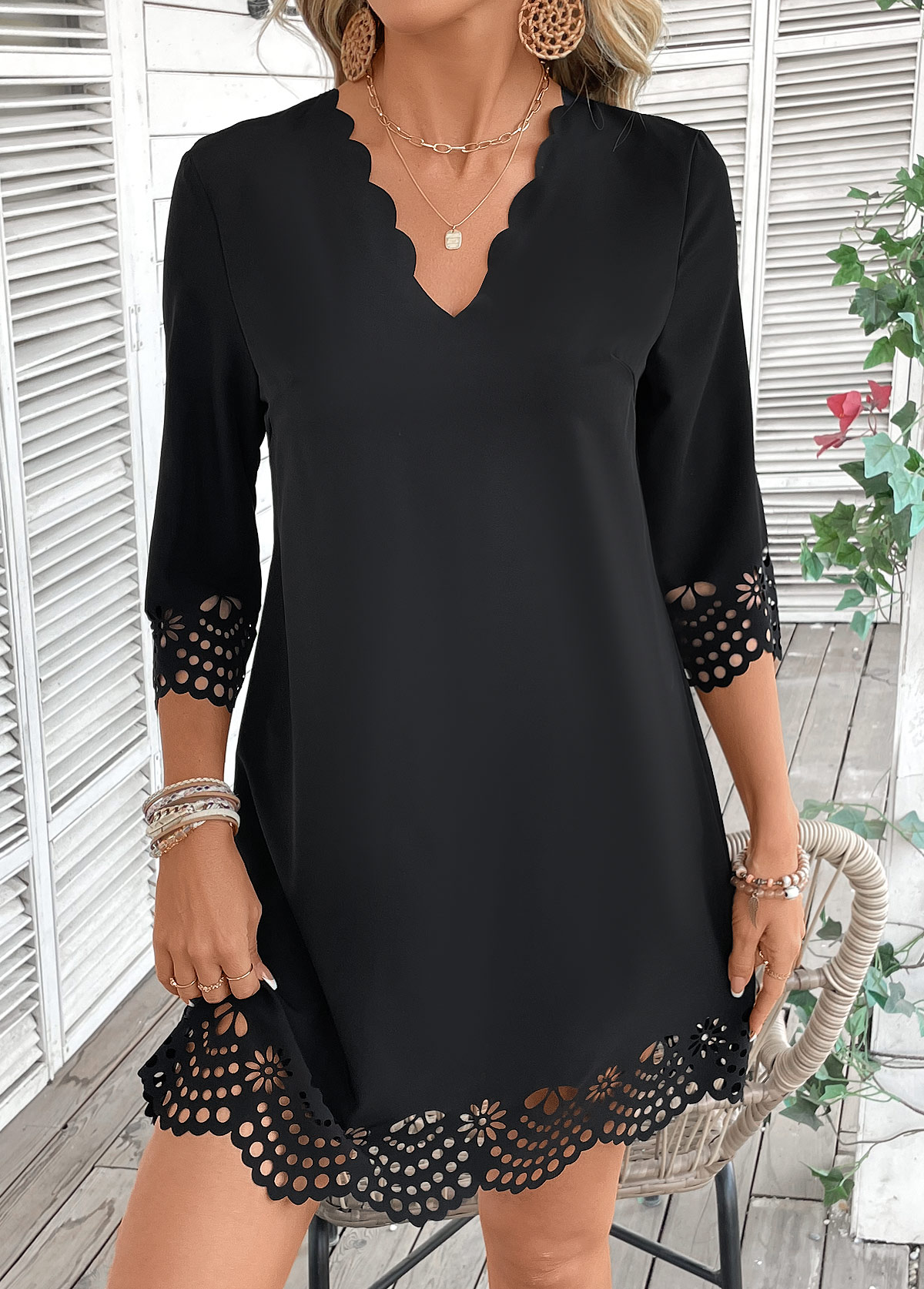 Modlily Black A Line 3/4 Sleeve V Neck Dress - L