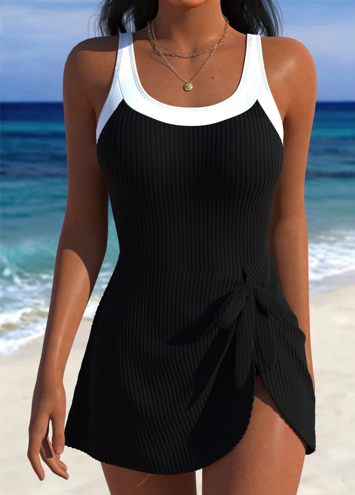Modlily Black Adjustable Tie One Piece Swimdress - S