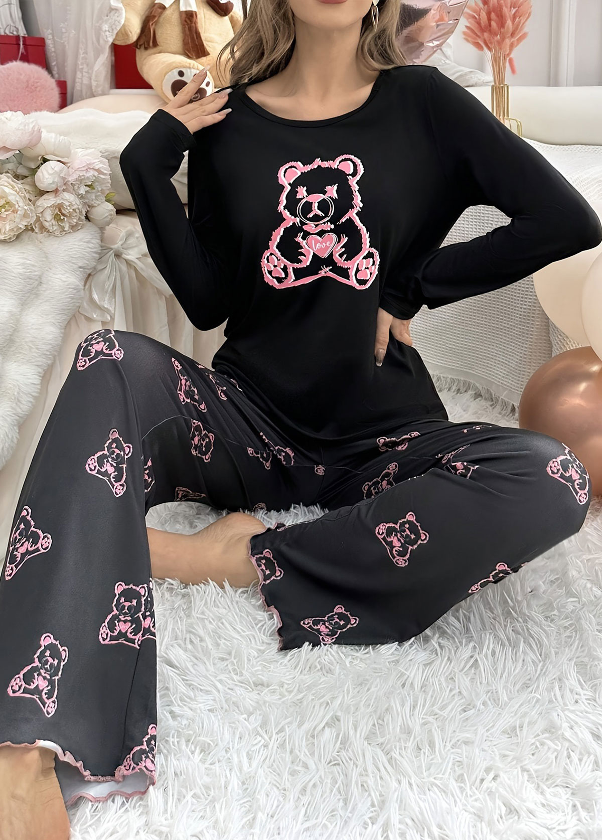Modlily Black Animal Print Long Sleeve Lounge Top and Pants - M