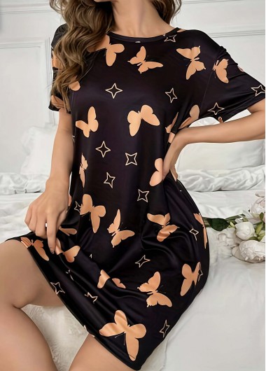 Modlily Black Animal Print Short Sleeve Round Neck Nightdress - S