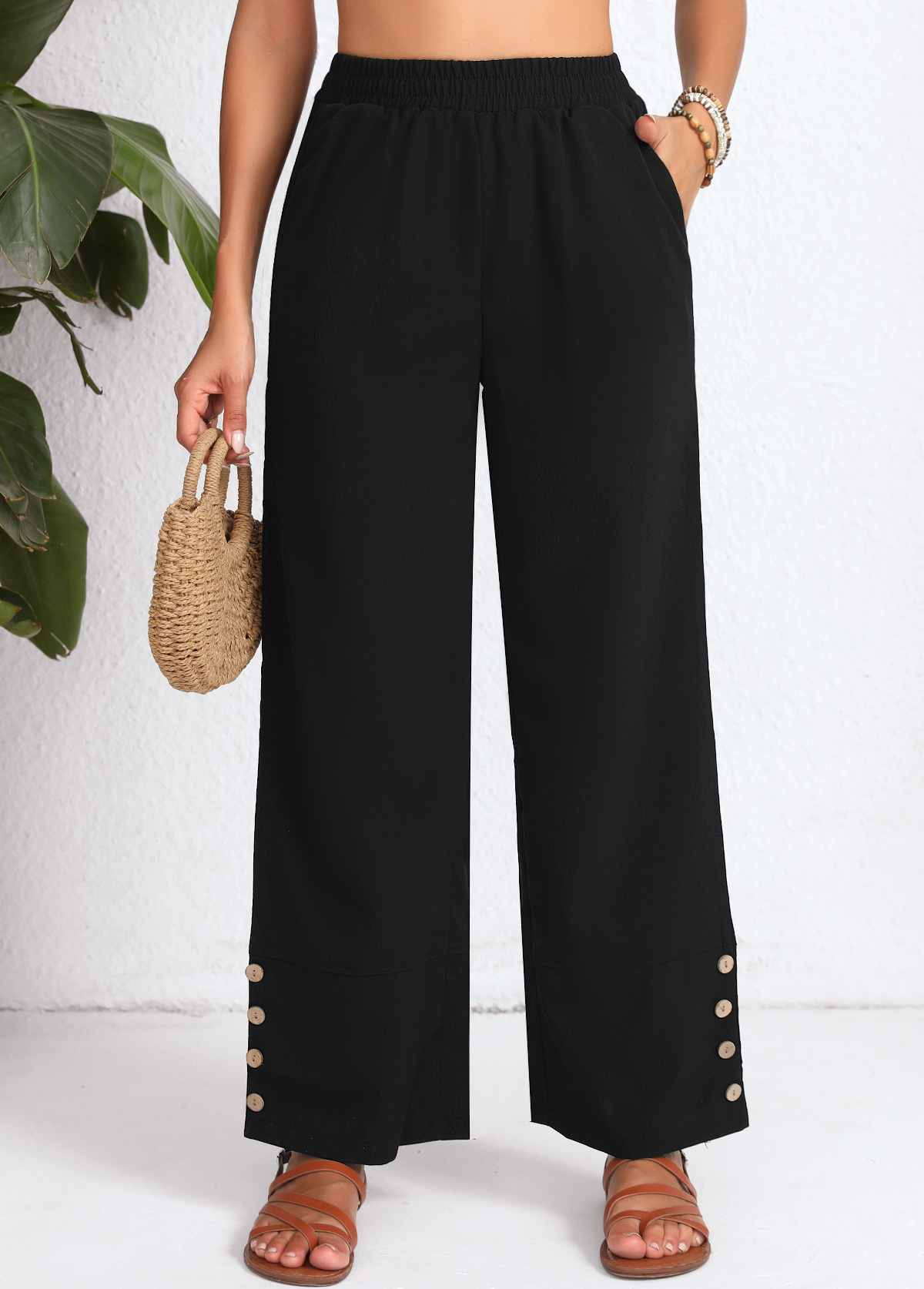 Modlily Black Button Elastic Waist High Waisted Pants - S